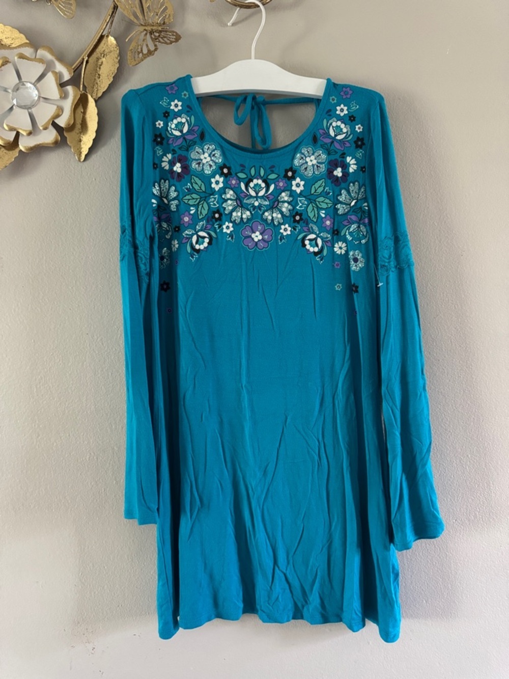 Justice Teal Floral Embroidered Long-Sleeve Dress